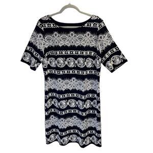 Karin Stevens Embroidered Floral Pattern Sheath Dress Size L Navy White Stretch